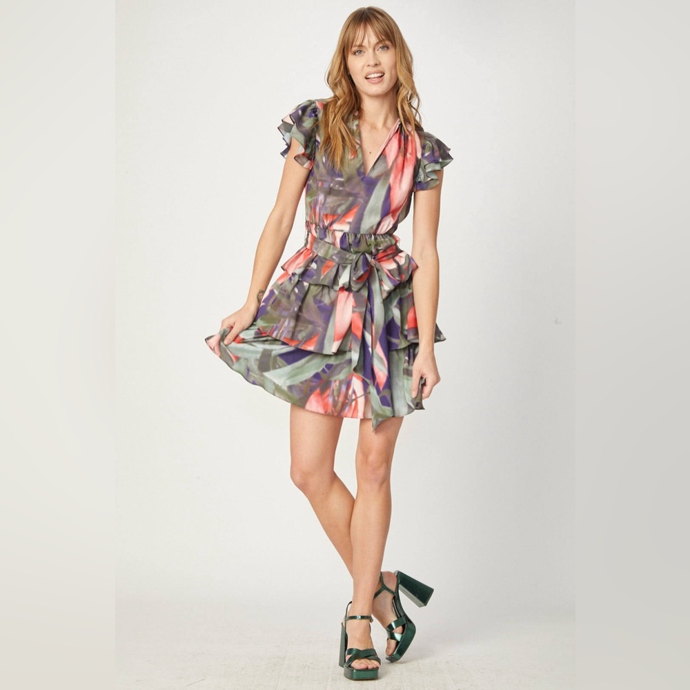 One 33 Social Ruffle Tiered Tropical-Print Dress